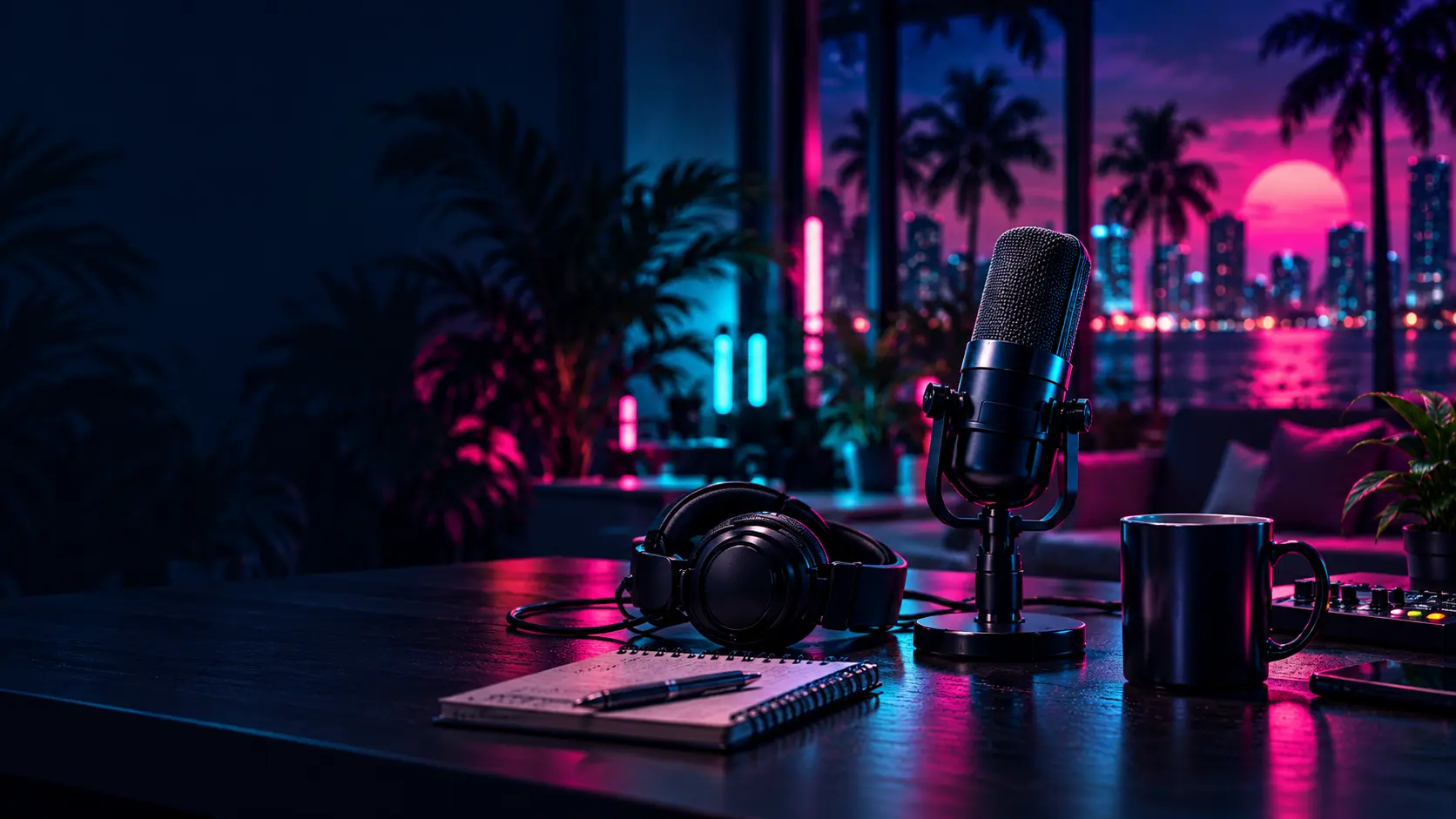Podcast studio with microphone, headphones and F*ck Off Friday mug