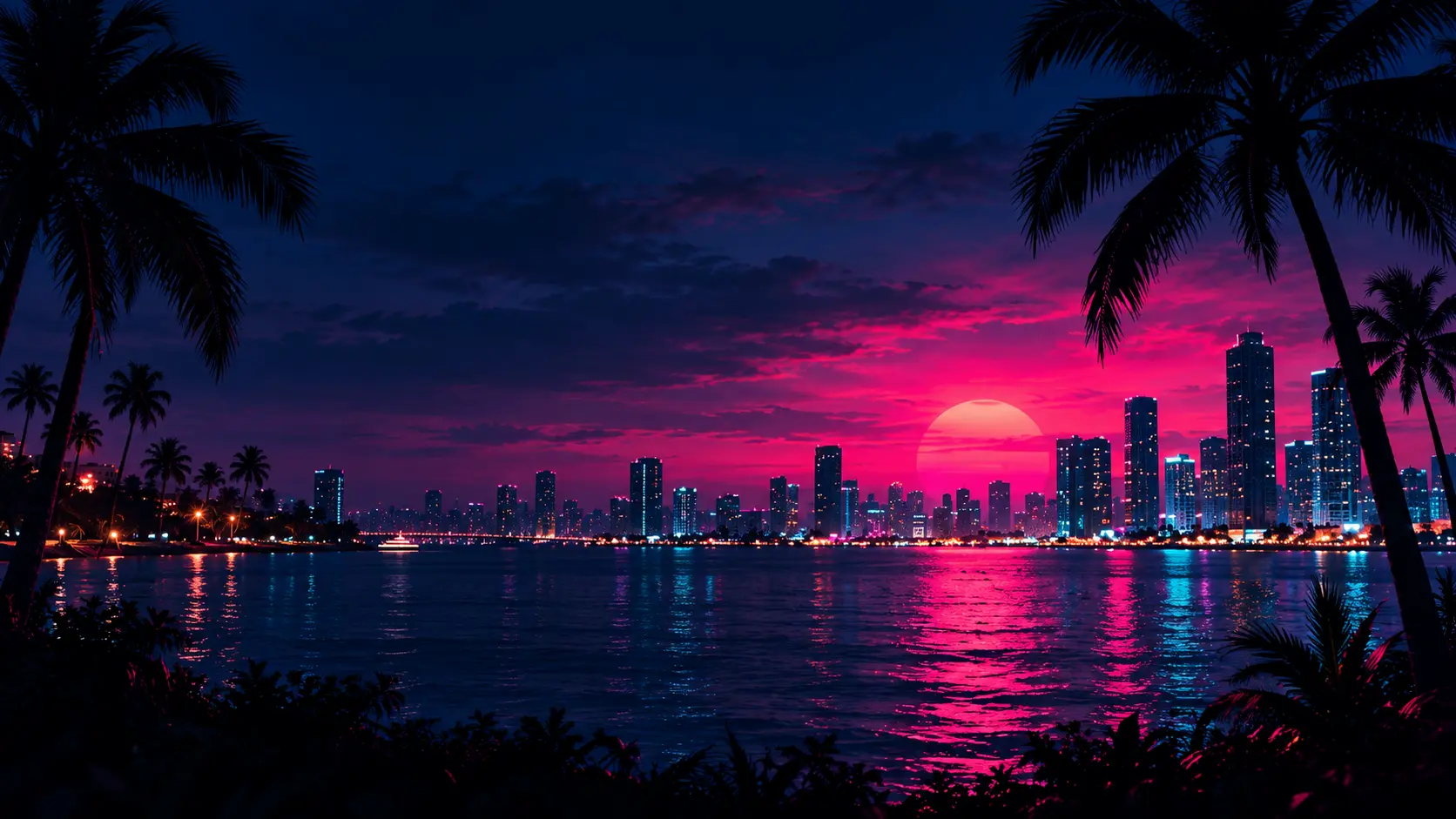 Neon city skyline at sunset