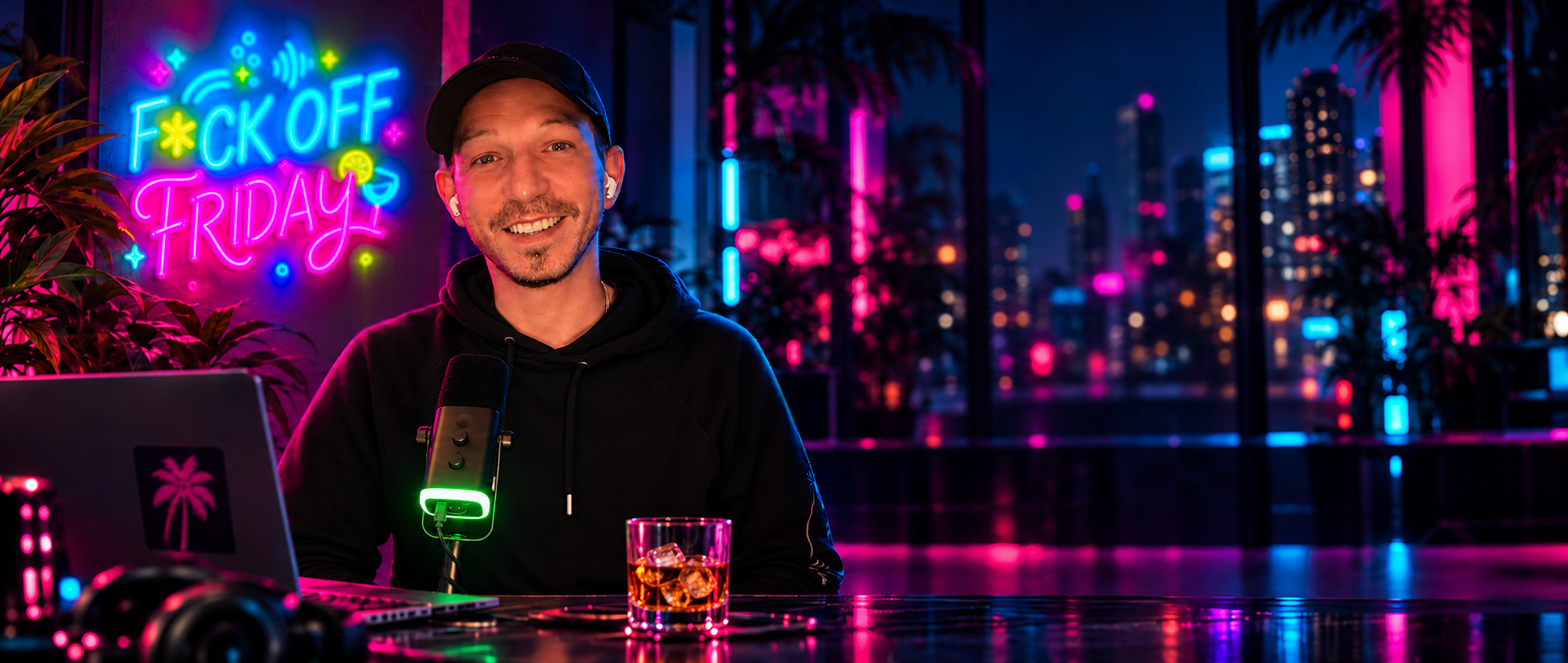 Jimmy recording the F*ck Off Friday podcast